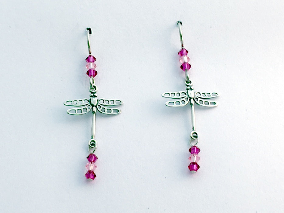 Sterling silver dragonfly dangle earrings-insects- pink crystal, dragonflies