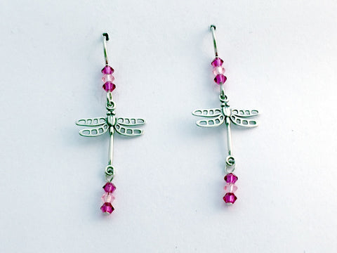 Sterling silver dragonfly dangle earrings-insects- pink crystal, dragonflies