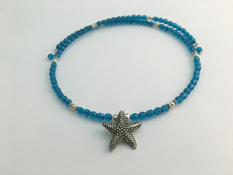 Teal blue faceted glass with Sterling silver Starfish Centerpiece Memory Wire Choker