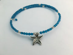 Teal blue faceted glass with Sterling silver Starfish Centerpiece Memory Wire Choker