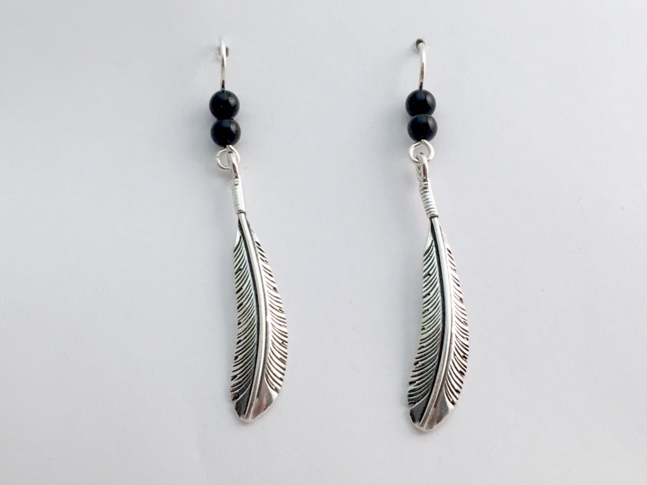 Sterling silver feather dangle earrings- bird-black onyx, feathers, birds