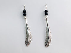 Sterling silver feather dangle earrings- bird-black onyx, feathers, birds
