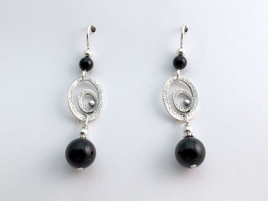 Sterling silver Double Textured Oval dangle earrings-black onyx dangle, Hook