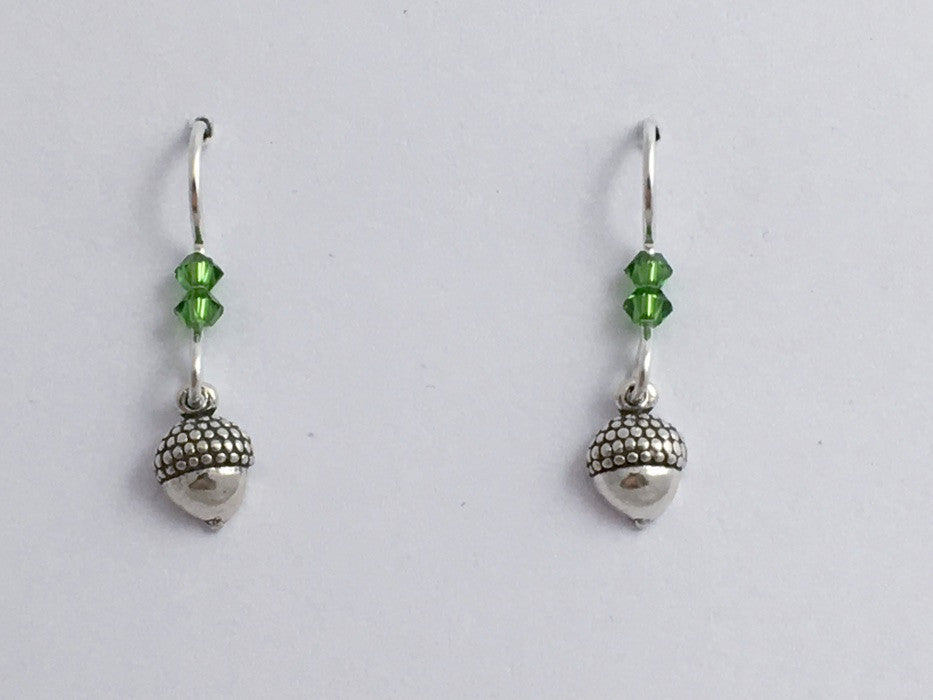 Sterling Silver tiny acorn dangle earrings-oak, tree,green crystal, acorns,oaks