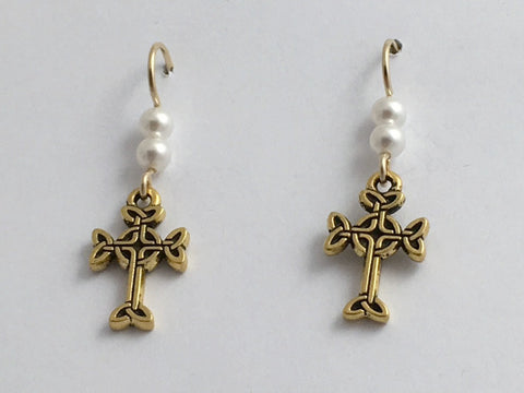Gold tone Pewter & 14k gf Celtic knot Cross dangle earrings-glass "pearl"-faith