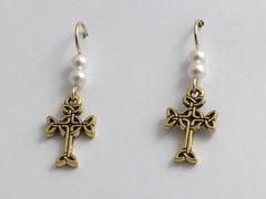 Gold tone Pewter & 14k gf Celtic knot Cross dangle earrings-glass "pearl"-faith