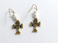 Gold tone Pewter & 14k gf Celtic knot Cross dangle earrings-glass "pearl"-faith