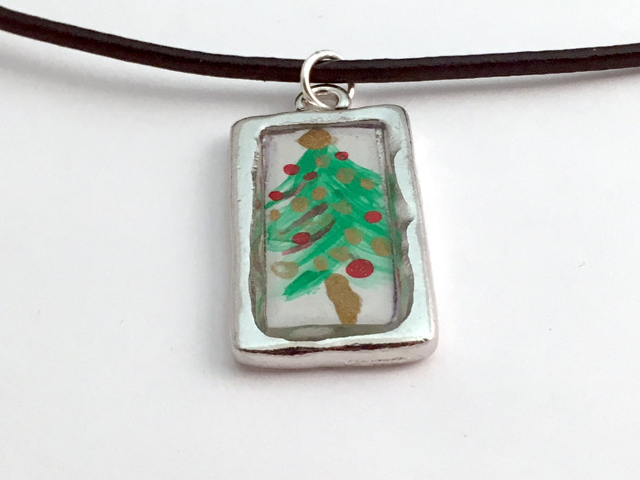 Pewter with hand painted Christmas Tree pendant on 18 inch cord-trees, holidays