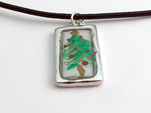 Pewter with hand painted Christmas Tree pendant on 18 inch cord-trees, holidays