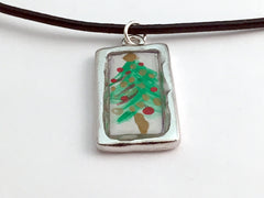 Pewter with hand painted Christmas Tree pendant on 18 inch cord-trees, holidays