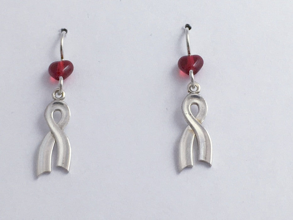 Sterling Silver AIDS/HIV Awareness Ribbon earrings- red glass  hearts, survivor