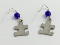 Pewter and Sterling silver autism puzzle piece dangle earrings- cobalt blue
