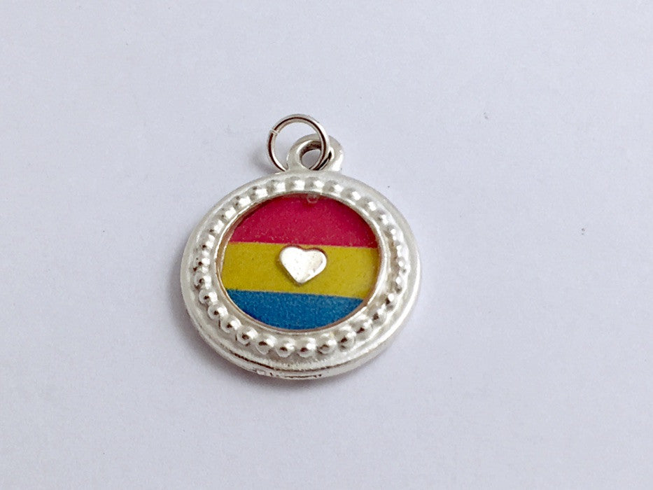 Round Pewter Pansexual flag & sterling silver Heart pendant-resin, Pride,LGBTQ