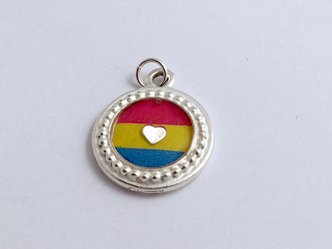 Round Pewter Pansexual flag & sterling silver Heart pendant-resin, Pride,LGBTQ