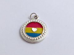 Round Pewter Pansexual flag & sterling silver Heart pendant-resin, Pride,LGBTQ