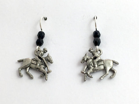 Pewter & Sterling Silver Polo player ,horse dangle earrings- equine, horses-pony