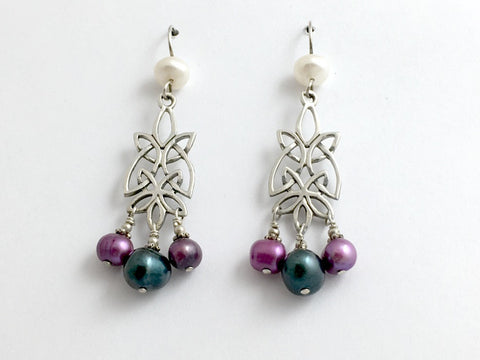 Sterling Silver long Celtic Knot Earrings-colored freshwater pearls-unusual