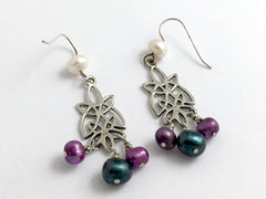 Sterling Silver long Celtic Knot Earrings-colored freshwater pearls-unusual