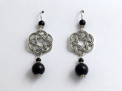 Sterling Silver Large Round Celtic Knot dangle earrings- Black Onyx, elegant