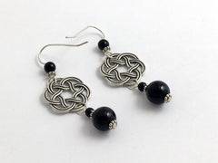 Sterling Silver Large Round Celtic Knot dangle earrings- Black Onyx, elegant