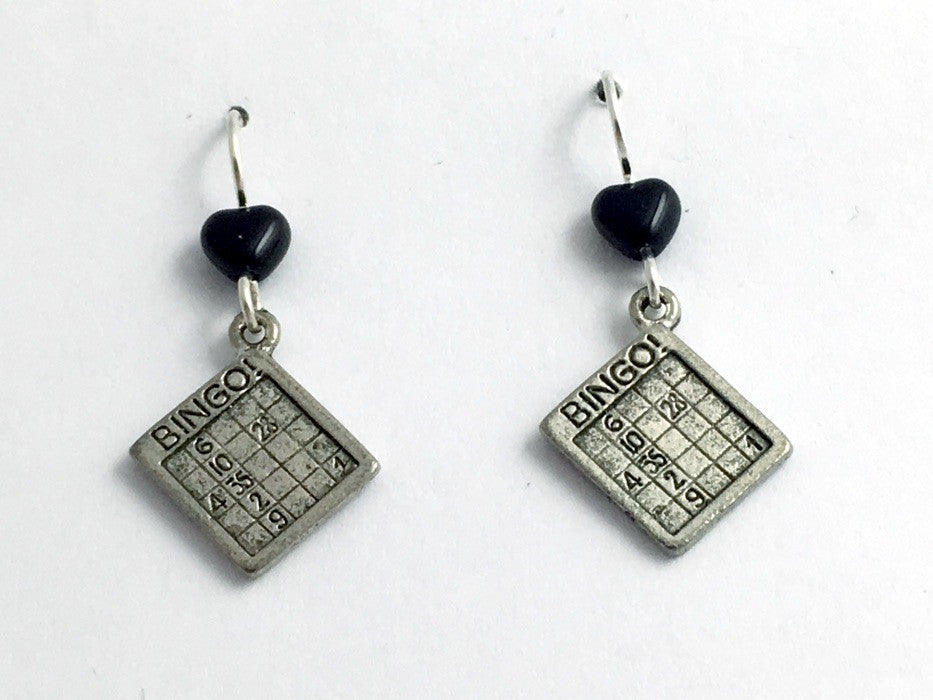 Pewter & Sterling Silver Bingo card dangle Earrings- game, lucky, numbers, luck