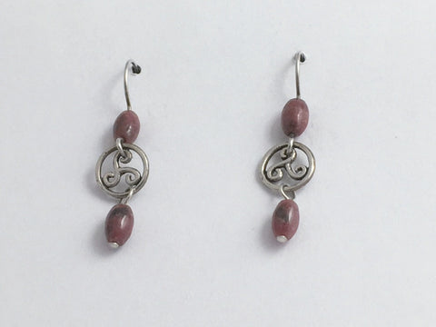 Sterling Silver triskelion circle Celtic dangle Earrings-triple spiral,rhodonite