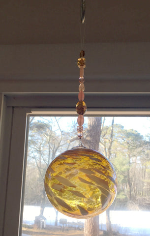 Yellow, pink and white blown glass ball centerpiece window jewelry